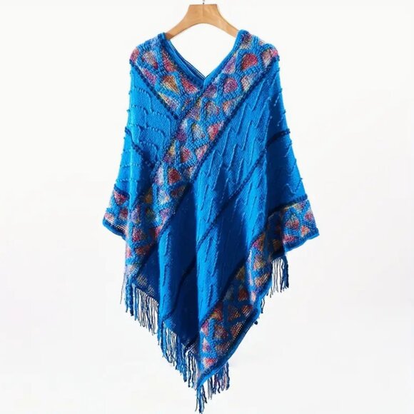 Sweaters - Boho Vintage Argyle Pullover Poncho, Soft and Cozy